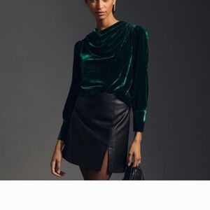 Anthropologie Emerald Green Velvet Draped Long-Sleeve Top